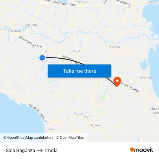 Sala Baganza to Imola map