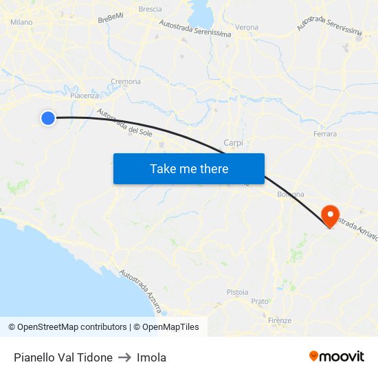 Pianello Val Tidone to Imola map