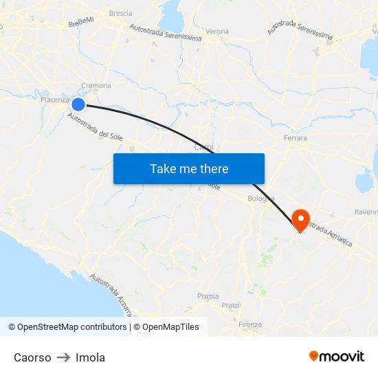 Caorso to Imola map