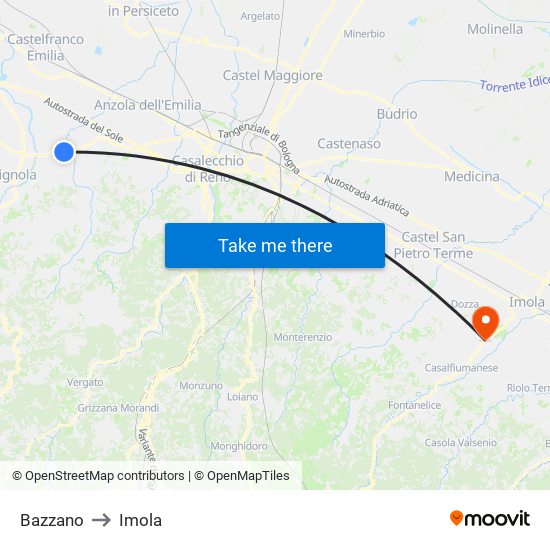 Bazzano to Imola map