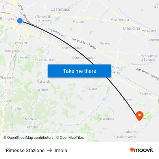 Rimesse Stazione to Imola map