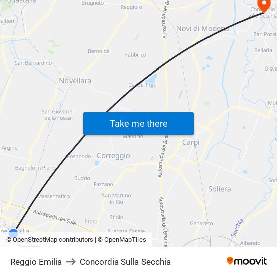 Reggio Emilia to Concordia Sulla Secchia map