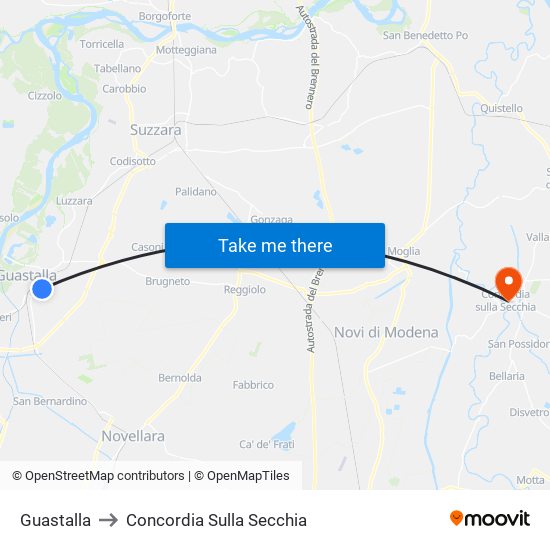 Guastalla to Concordia Sulla Secchia map