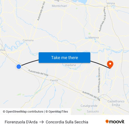 Fiorenzuola D'Arda to Concordia Sulla Secchia map