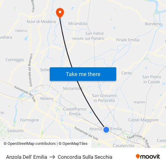 Anzola Dell' Emilia to Concordia Sulla Secchia map