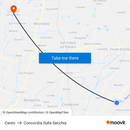 Cento to Concordia Sulla Secchia map