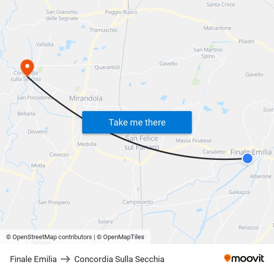 Finale Emilia to Concordia Sulla Secchia map
