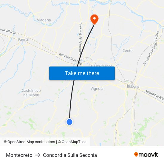 Montecreto to Concordia Sulla Secchia map