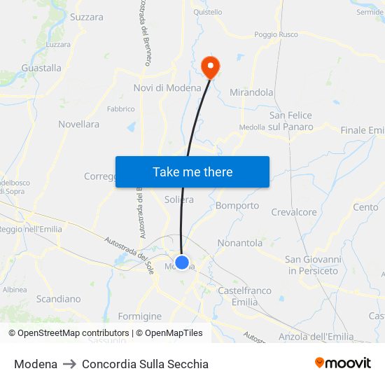 Modena to Concordia Sulla Secchia map