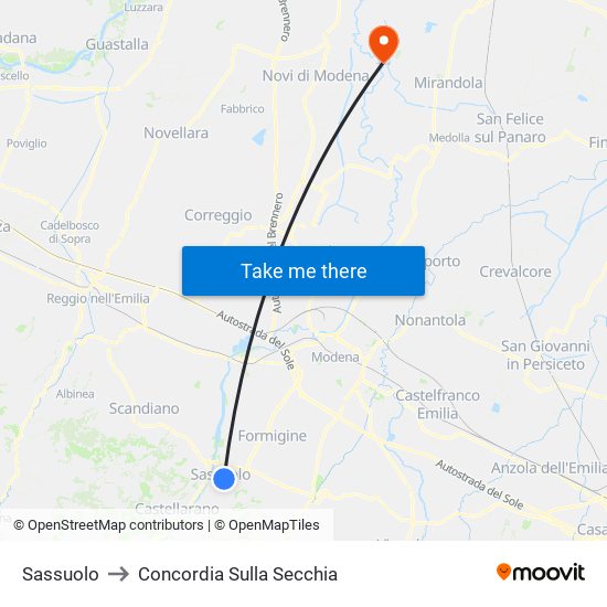 Sassuolo to Concordia Sulla Secchia map