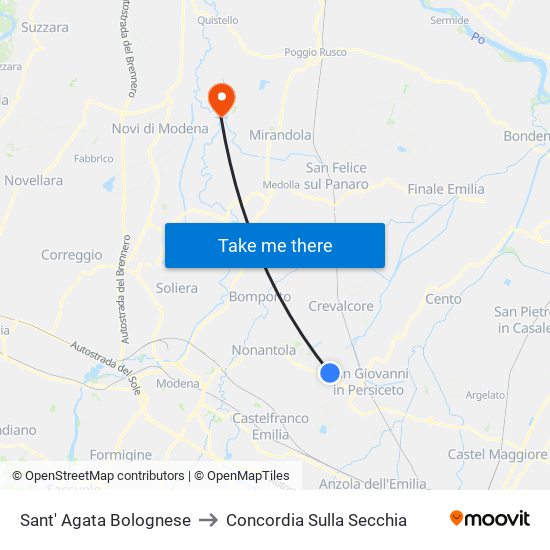 Sant' Agata Bolognese to Concordia Sulla Secchia map