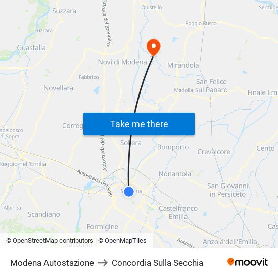 Modena Autostazione to Concordia Sulla Secchia map