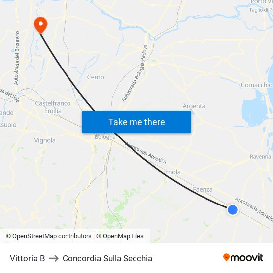 Vittoria B to Concordia Sulla Secchia map