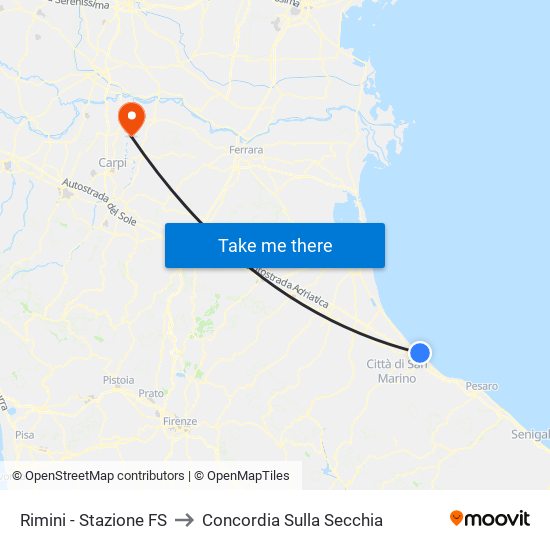 Rimini - Stazione FS to Concordia Sulla Secchia map