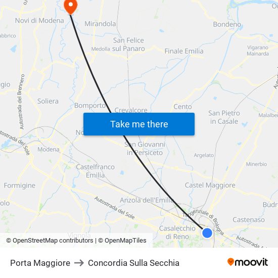 Porta Maggiore to Concordia Sulla Secchia map