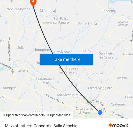 Mezzofanti to Concordia Sulla Secchia map