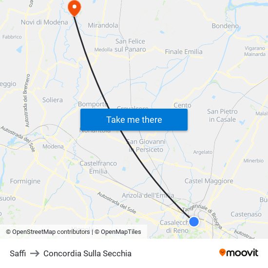 Saffi to Concordia Sulla Secchia map