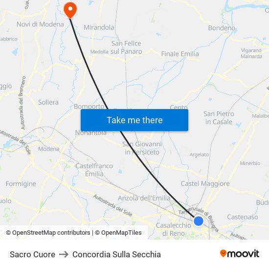 Sacro Cuore to Concordia Sulla Secchia map