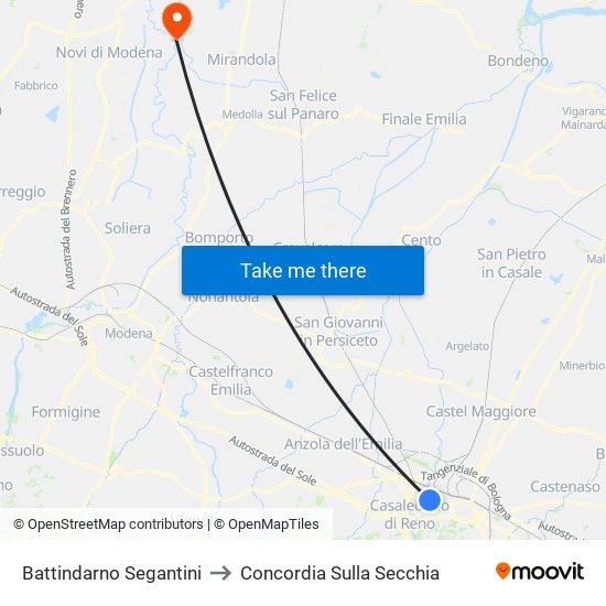 Battindarno Segantini to Concordia Sulla Secchia map