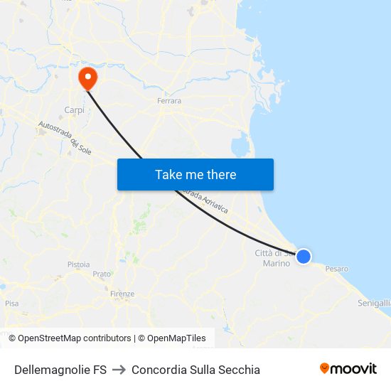 Dellemagnolie FS to Concordia Sulla Secchia map