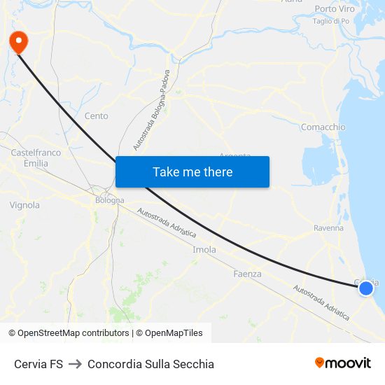 Cervia FS to Concordia Sulla Secchia map