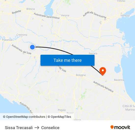 Sissa Trecasali to Conselice map