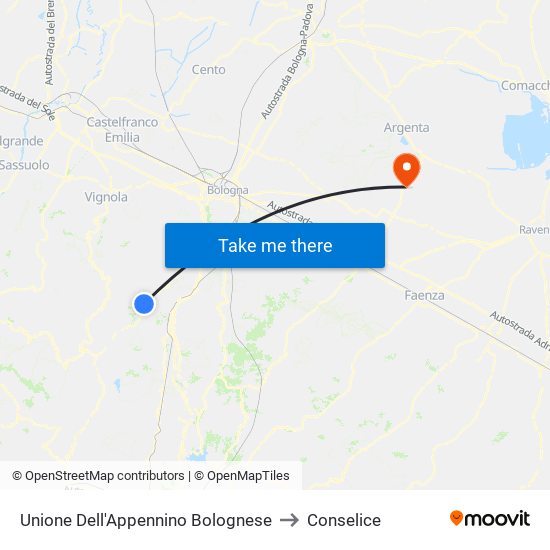Unione Dell'Appennino Bolognese to Conselice map
