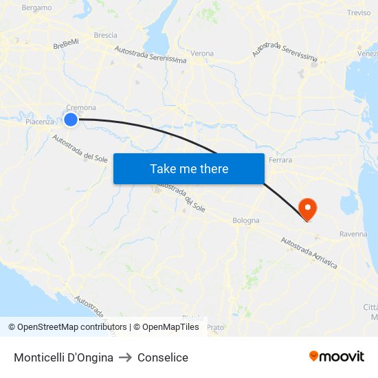 Monticelli D'Ongina to Conselice map