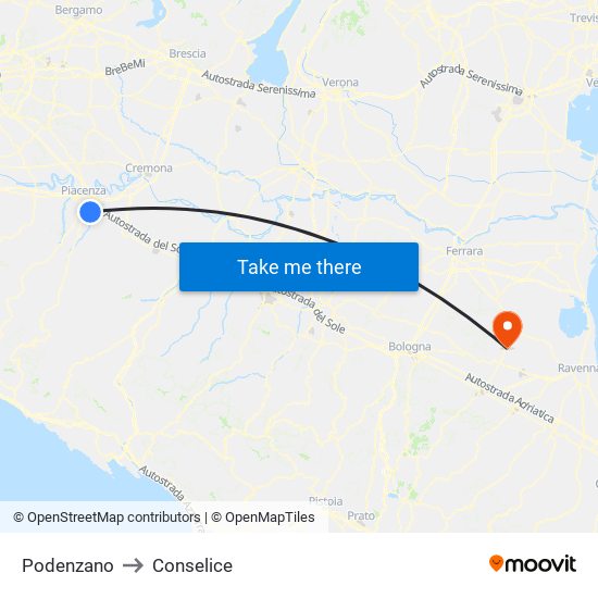 Podenzano to Conselice map