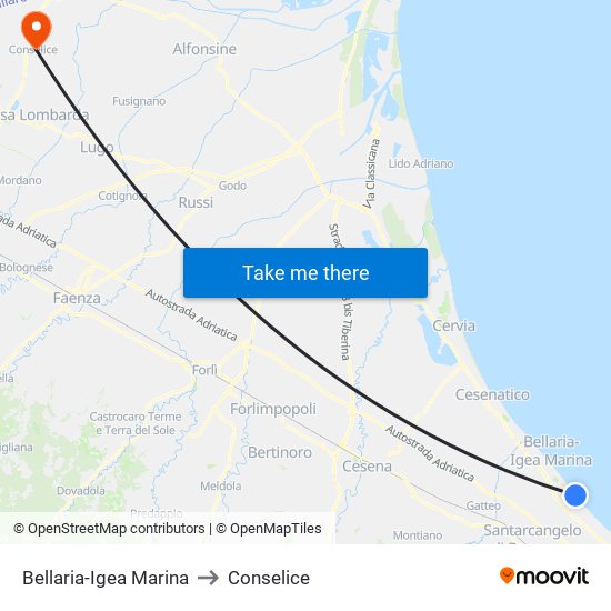 Bellaria-Igea Marina to Conselice map