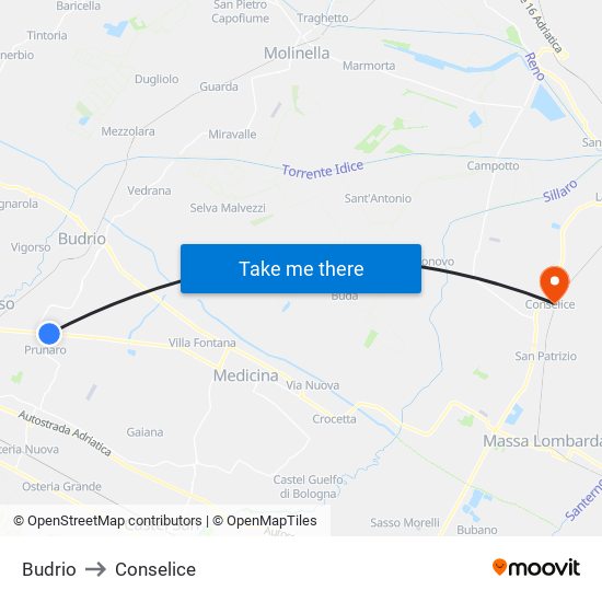 Budrio to Conselice map