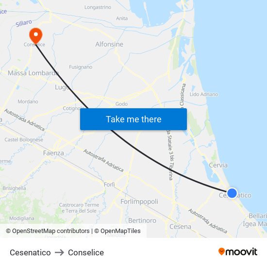 Cesenatico to Conselice map
