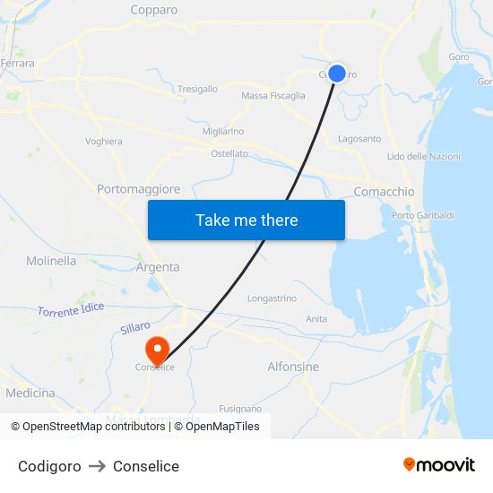 Codigoro to Conselice map