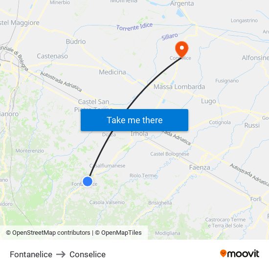 Fontanelice to Conselice map