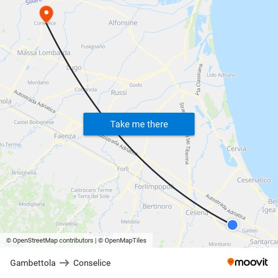 Gambettola to Conselice map