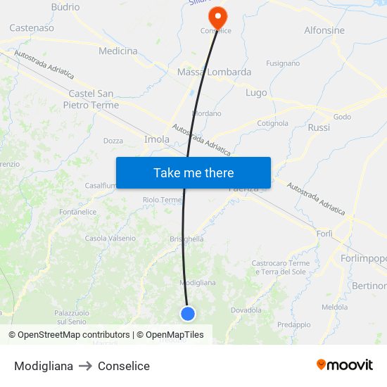 Modigliana to Conselice map