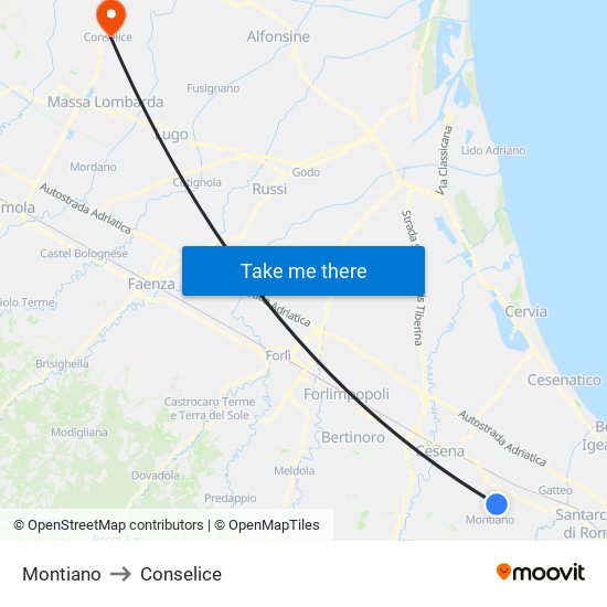 Montiano to Conselice map