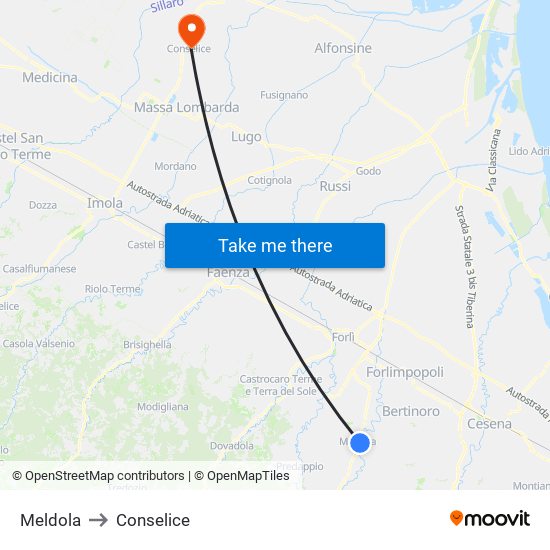 Meldola to Conselice map