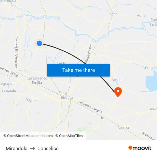 Mirandola to Conselice map