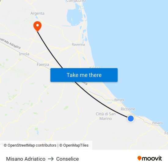 Misano Adriatico to Conselice map