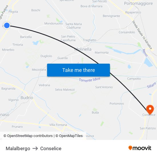 Malalbergo to Conselice map