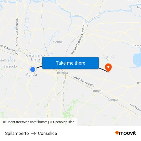 Spilamberto to Conselice map