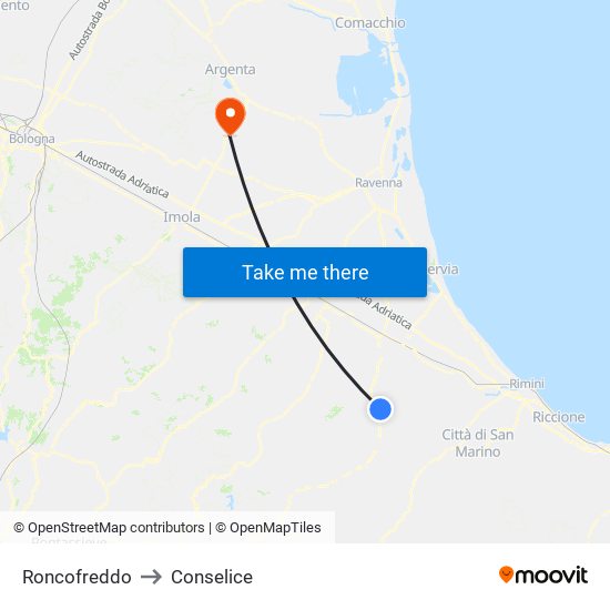 Roncofreddo to Conselice map