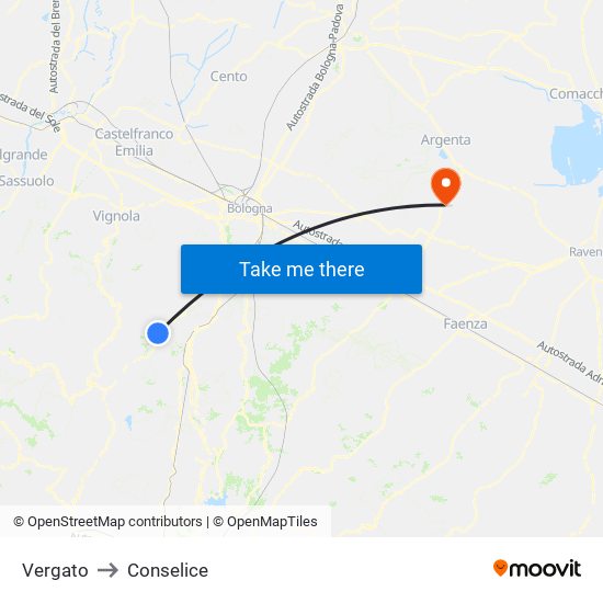 Vergato to Conselice map