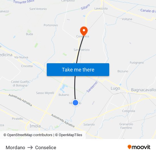 Mordano to Conselice map