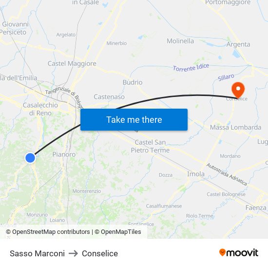 Sasso Marconi to Conselice map