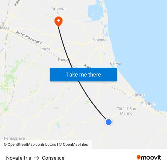 Novafeltria to Conselice map