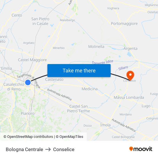 Bologna Centrale to Conselice map