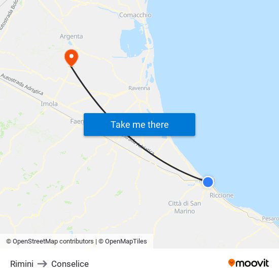 Rimini to Conselice map