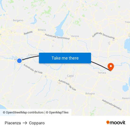 Piacenza to Copparo map